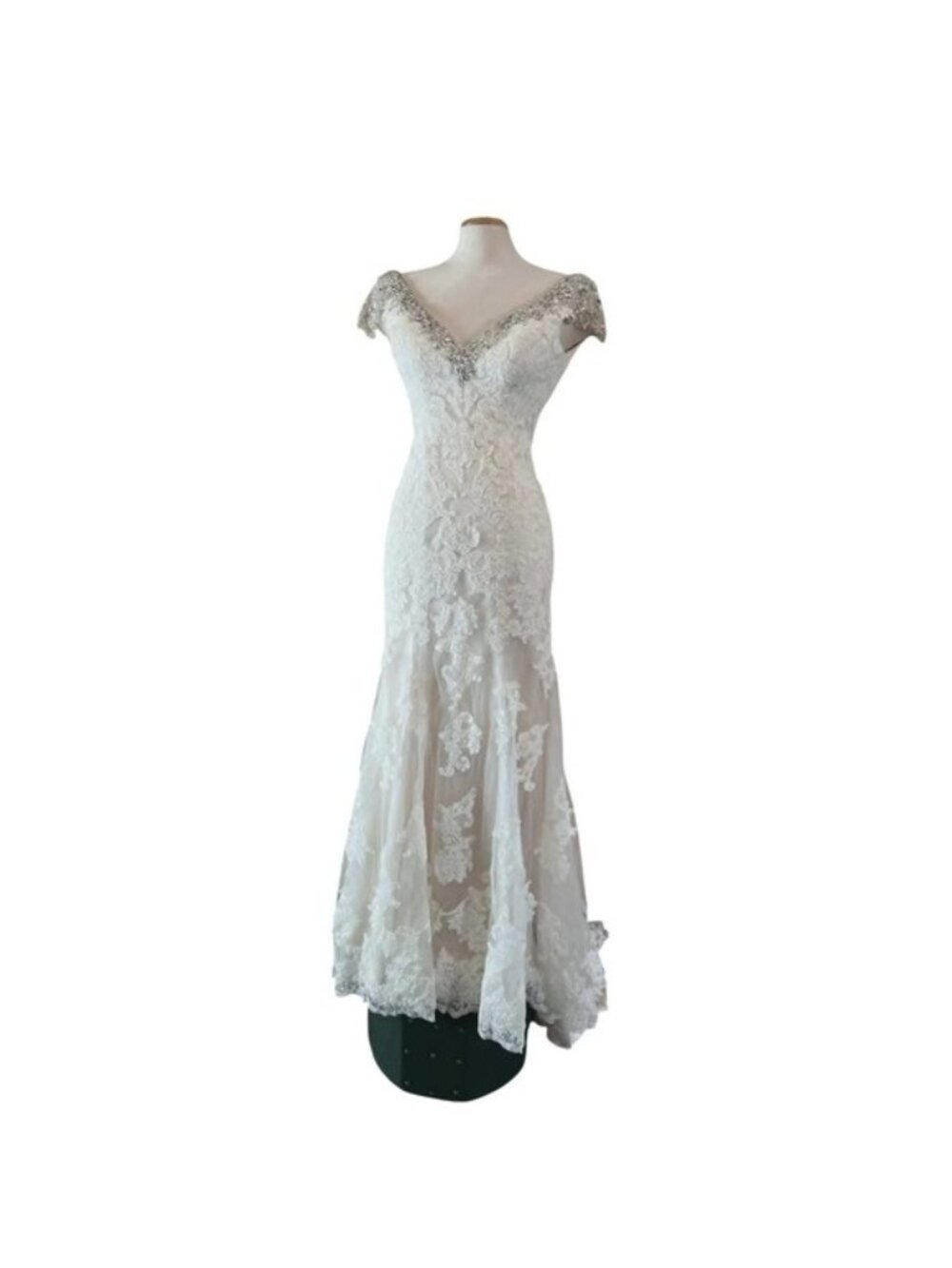 Beaded Lace Mermaid‎ Wedding Dress V-Neck Cap Sleeve Low Back Bridal Gown White